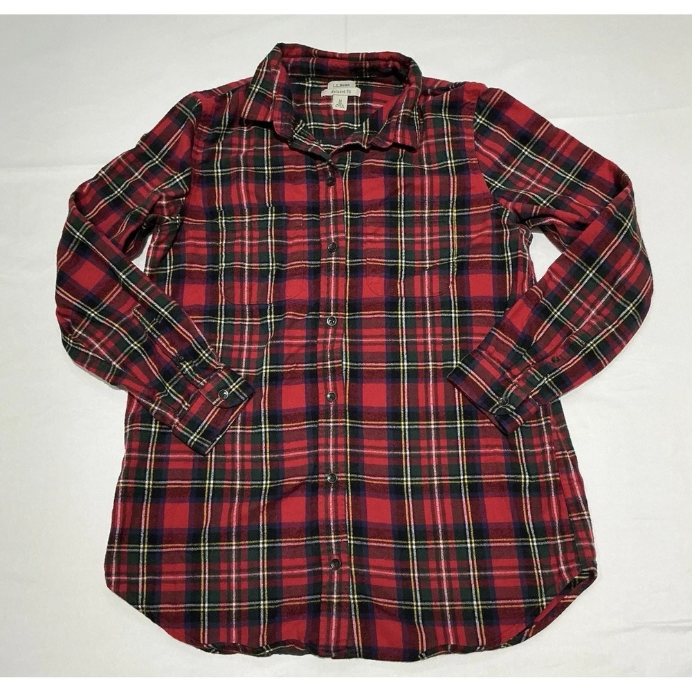 LL‎ Bean Flannel Shirt Mens Medium Red Tartan Plaid 100% Cotton Holiday Winter
